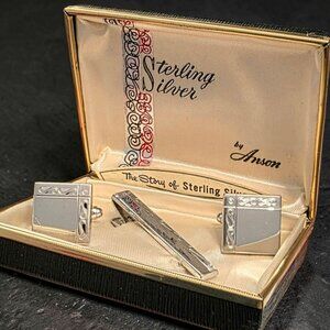 Vintage Anson Sterling Silver Cufflinks & Tie Clip Set 24.2g Formal Mens Jewelry
